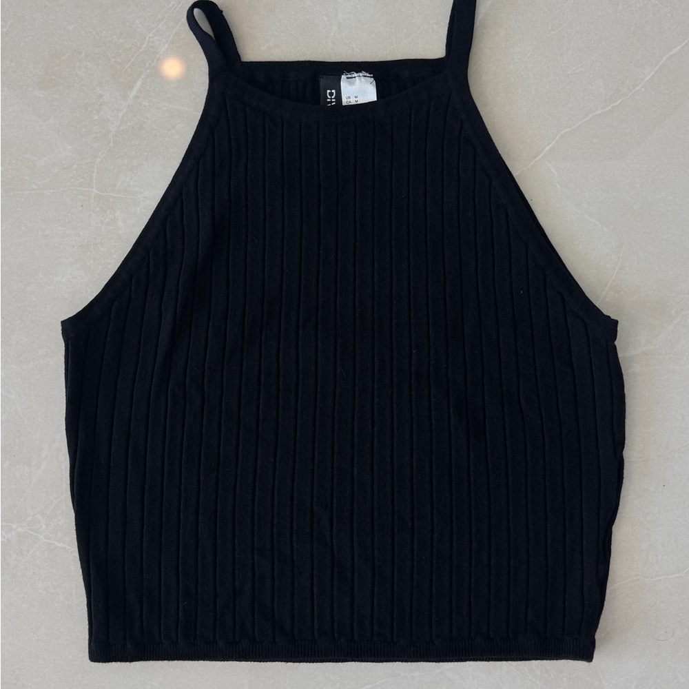 Divided Black Ribbed Tank Top